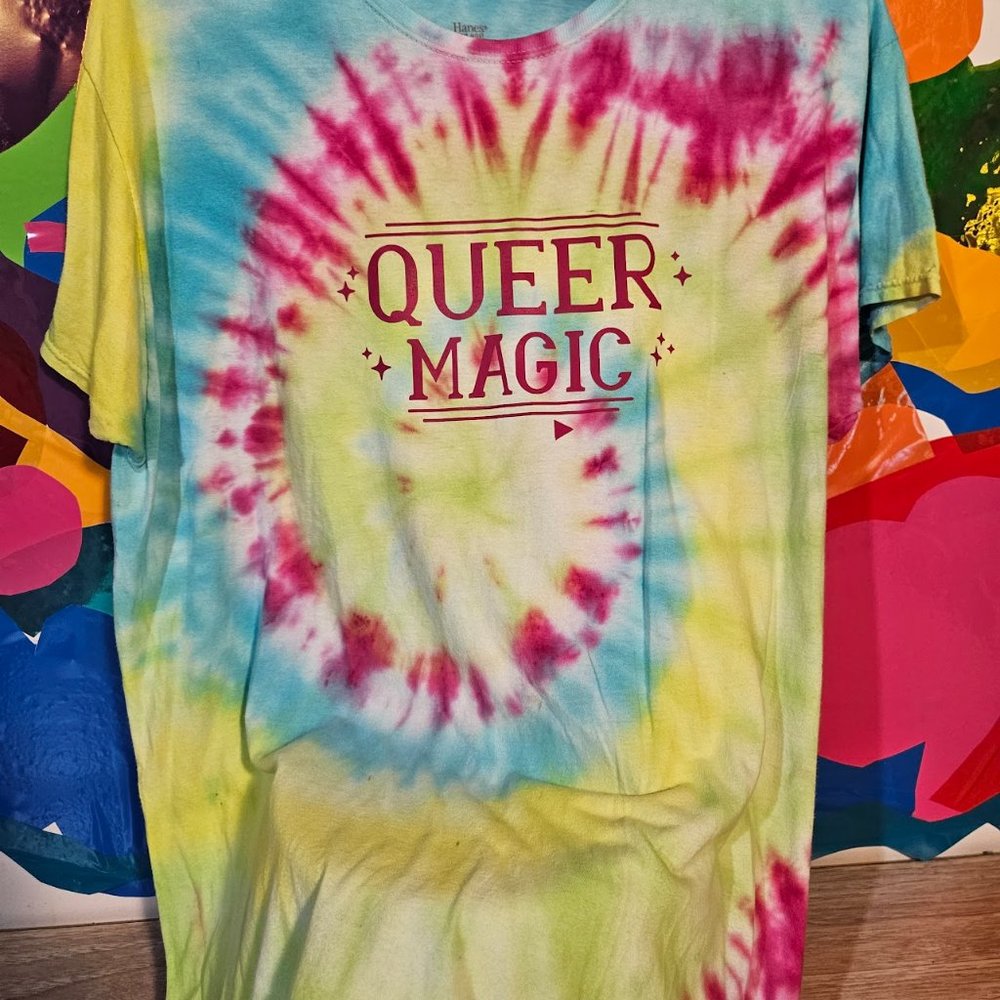 LGBTQ themed T-shirt - size M large - Green and Purple  "QUEER MAGIC"